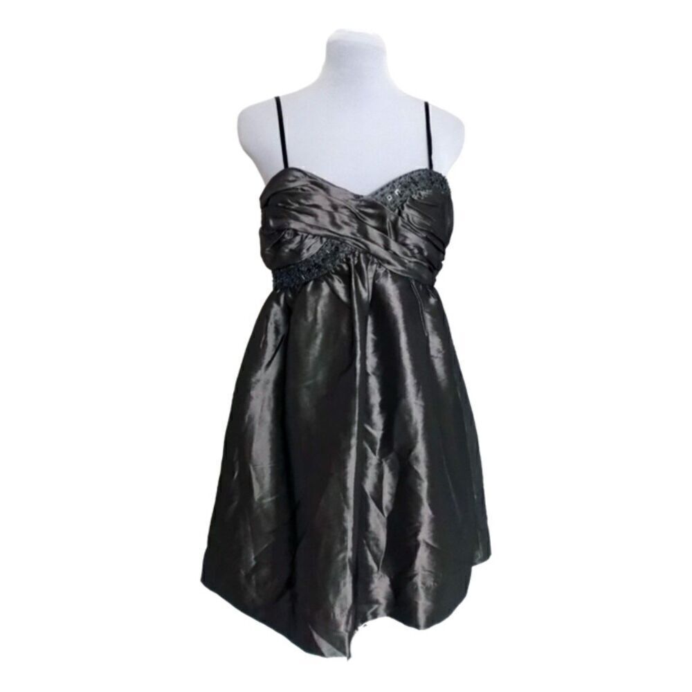 London Times Metallic Gray Formal Evening Beaded Spaghetti Strap Dress Size 8